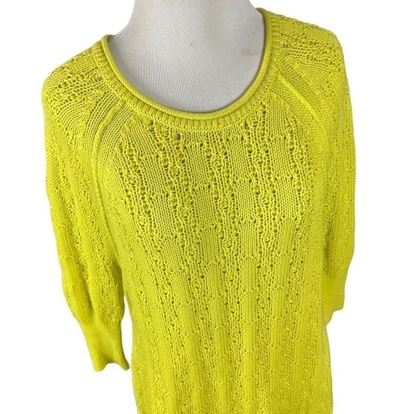 Anthropologie Sparrow Sweater XS 100% Cotton Yellow Chartreuse Open Knit Crochet - Picture 5 of 13